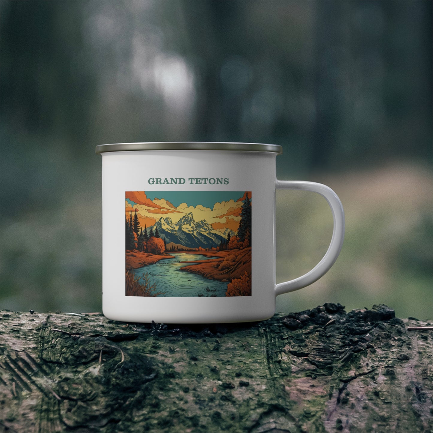 Grand Tetons Enamel Camping Mug Stainless Bevel